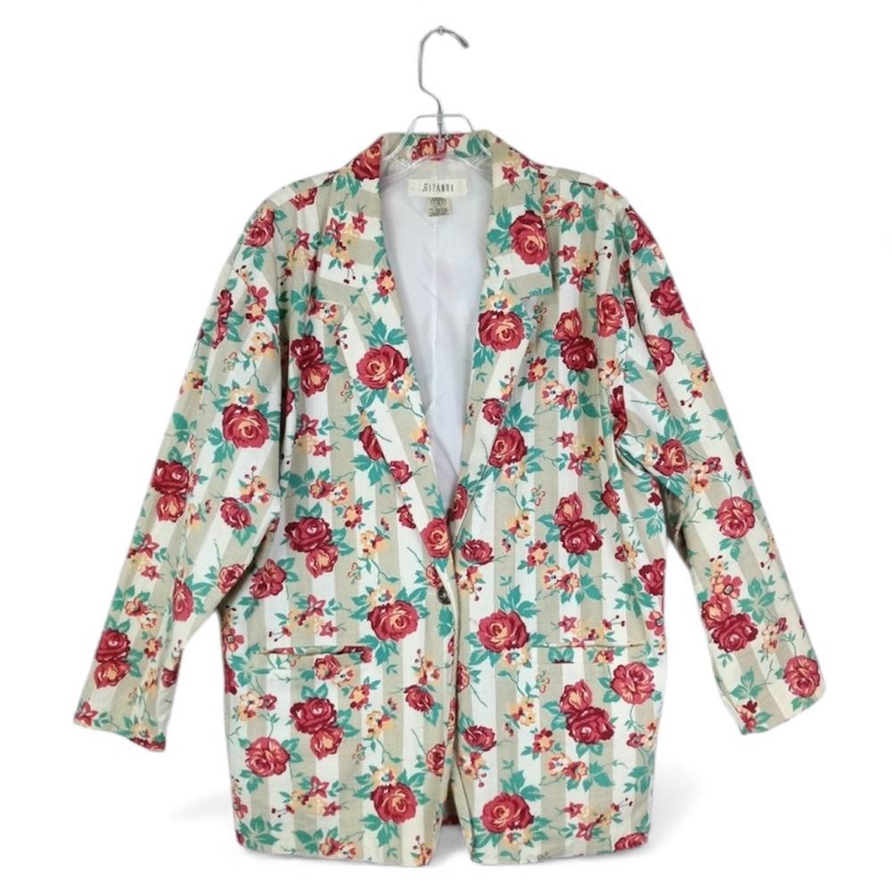 Vintage Gitano Floral Striped Cotton Single Button Oversized Blazer Size Medium